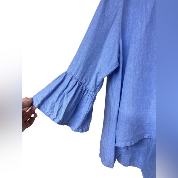Bryn Walker Fran blue 100% linen ruffle 3/4 sleeve hi low tunic top Lagenlook - Picture 7 of 11